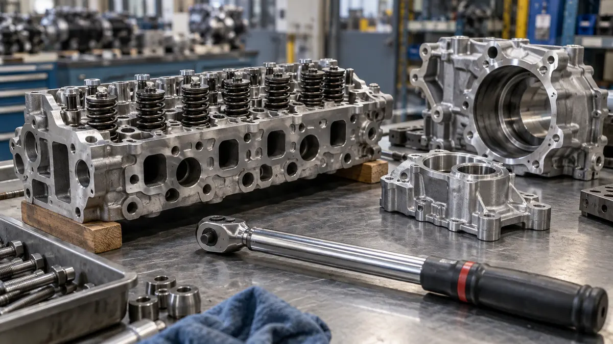 Engine assembly components Engine components on an assembly workbench