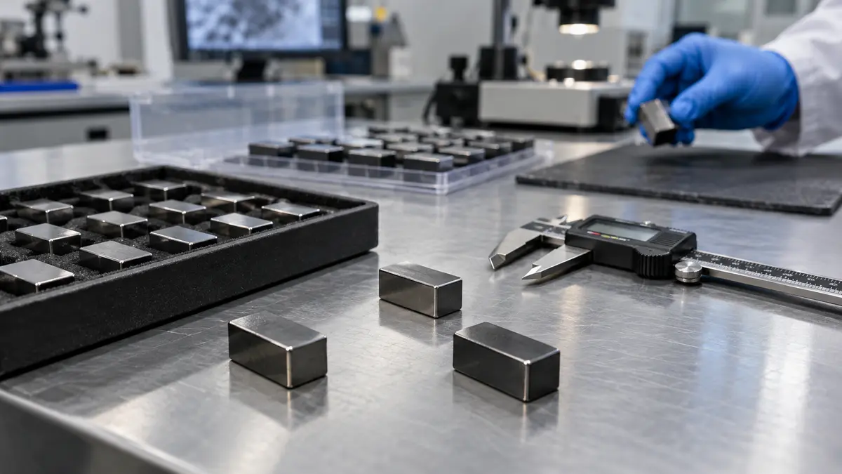 Permanent-magnet samples Metallic magnet samples on an inspection bench