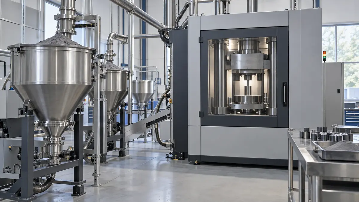 Powder-compaction press in a materials production room