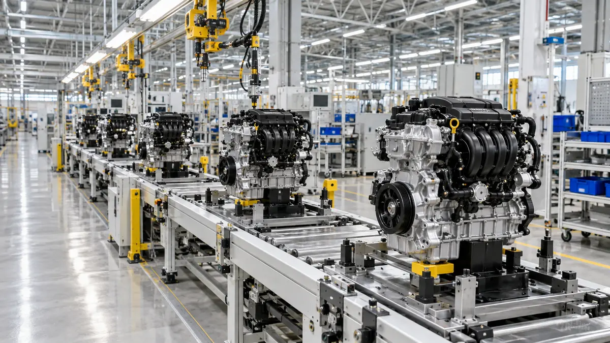 Engine units on an automotive assembly conveyor