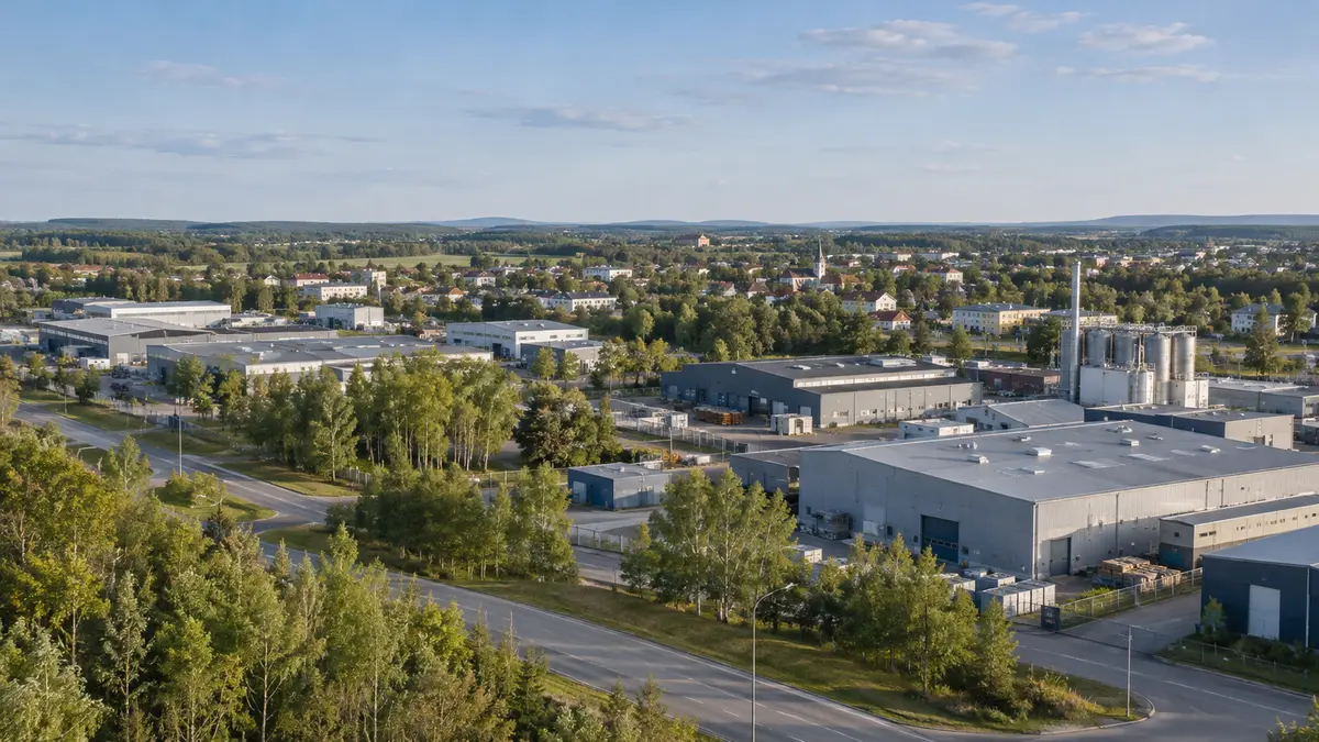 Factory buildings beside a temperate town