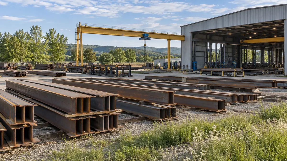 Steel beams in an outdoor fabrication yard