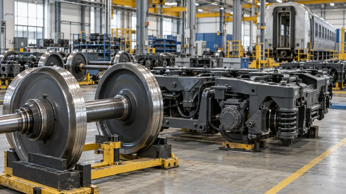 Passenger rolling stock components Wheelsets and bogies in a train workshop