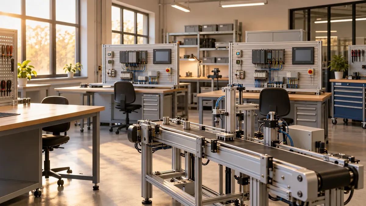 An industrial training workshop with automation equipment
